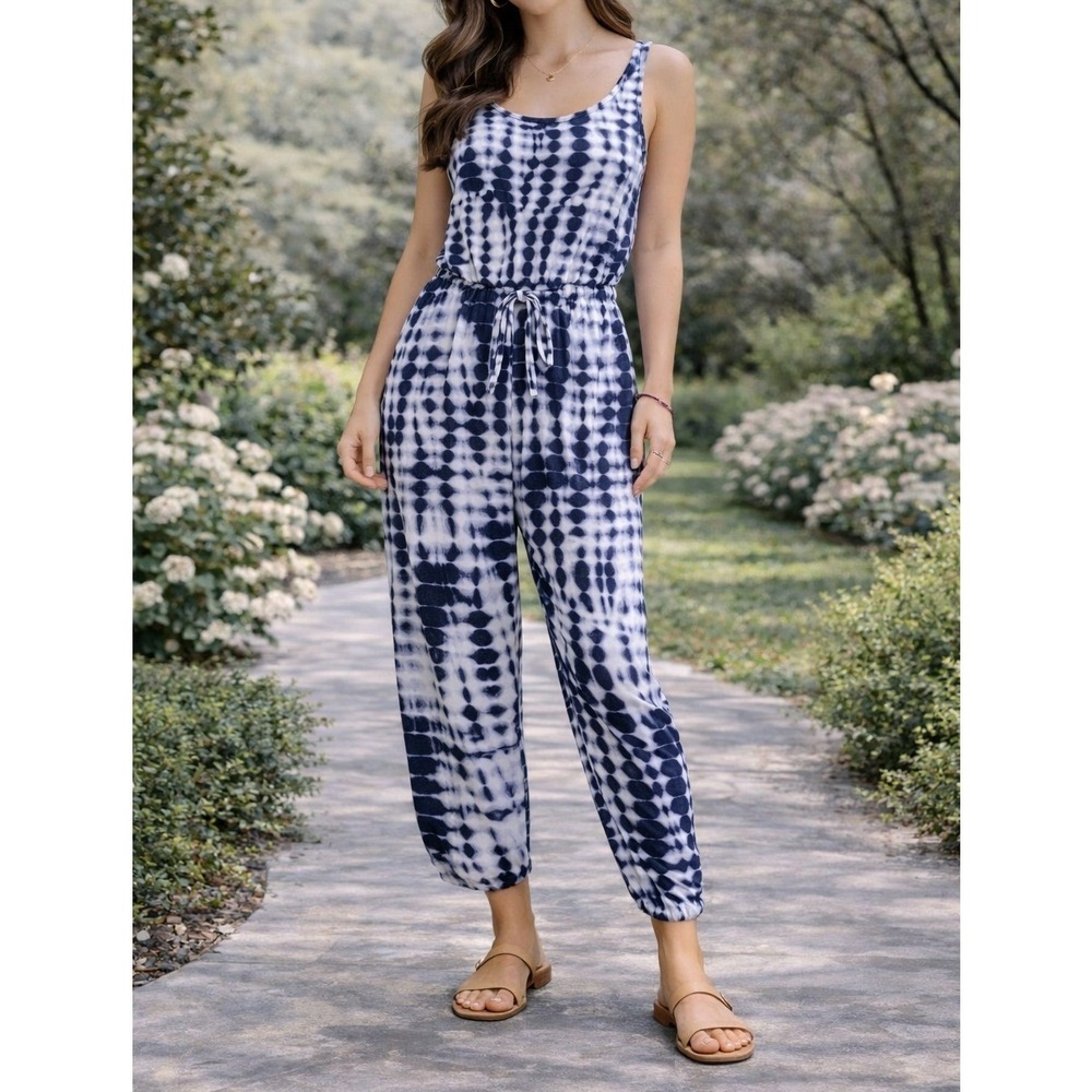 REORIA Women Navy Blue White Tie Dye Sleeveless Jumpsuit Drawstring Waist Medium